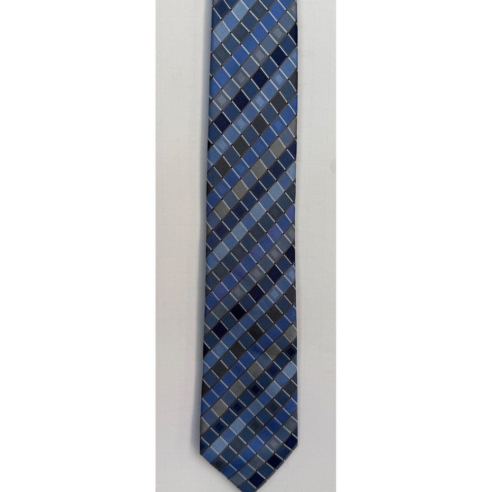 Kenneth Cole Reaction Mens Blue Grey Geometric Grid Plaid Silk Blend Necktie